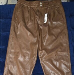 Brown Leather-Like Relaxed Fit Pants with Elastic Waistband